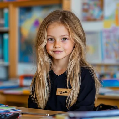 A 7-year-old teacher with very long blonde hair, wearing a black teacher's uniform, sits behind a beautiful wooden desk in the classroom. The desk is neat and organized, with a small wooden sign on it that reads 'Teacher Salma' in elegant English letters. In front of her are books and math tools, such as a calculator, notepad, and pencils, reflecting her focus on teaching mathematics. The classroom is bright and inviting, decorated with educational posters and colorful accents on the walls. The teacher smiles warmly as she sits confidently behind her desk, ready to guide her students. Her youthful appearance contrasts with her confident and professional demeanor, and she has a slightly broad neck, adding to her charming and confident presence. Her long blonde hair flows gracefully, enhancing her vibrant and energetic persona. The scene is wide, capturing the warm and welcoming atmosphere of the classroom, with a clear view of the tools she uses to teach and engage her students.
