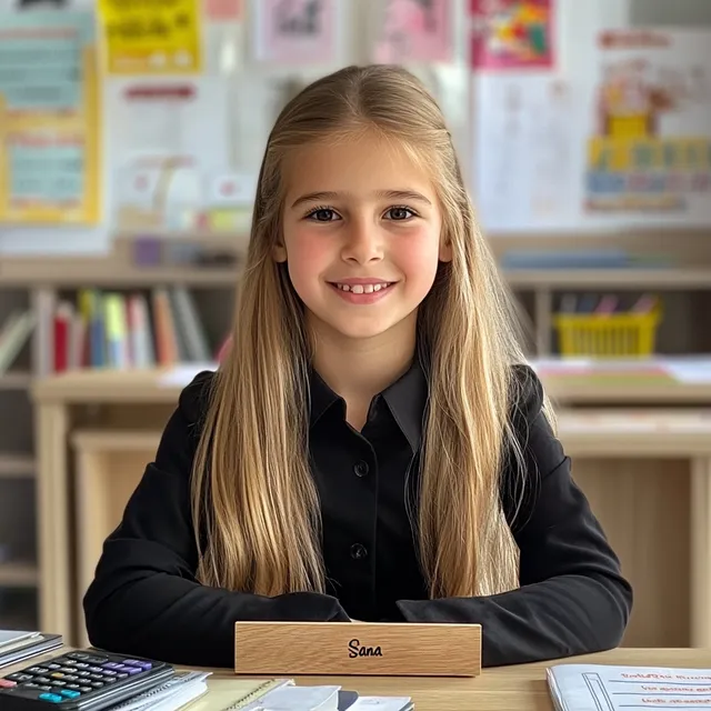 Young teacher Salma in classroom with desk, books, and math tools