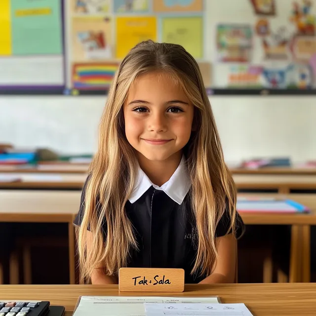 Young teacher Salma with calculator in bright classroom setting