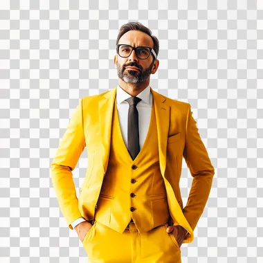 Guy in a stylish yellow suit and tie on a white background, commercial photo, 8k
