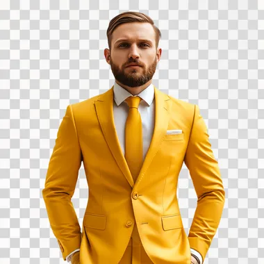 Guy in a stylish yellow suit and tie on a white background, commercial photo, 8k