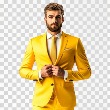 Guy in a stylish yellow suit and tie on a white background, commercial photo, 8k