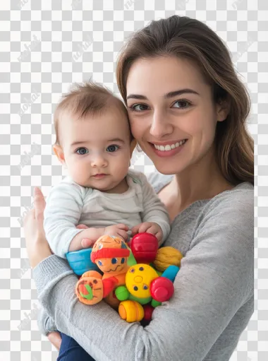 woman holding her baby with toys, isolated on white background