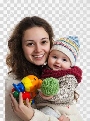 woman holding her baby with toys, isolated on white background