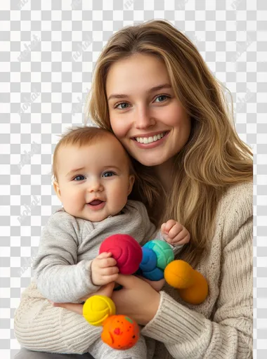 woman holding her baby with toys, isolated on white background