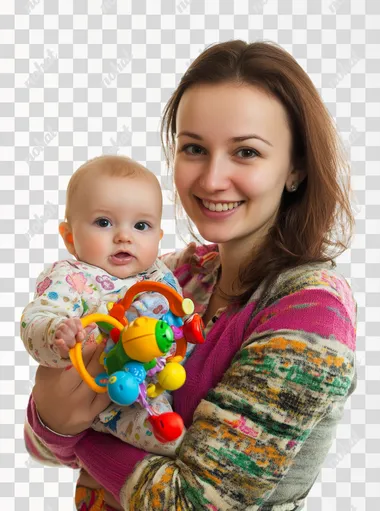woman holding her baby with toys, isolated on white background