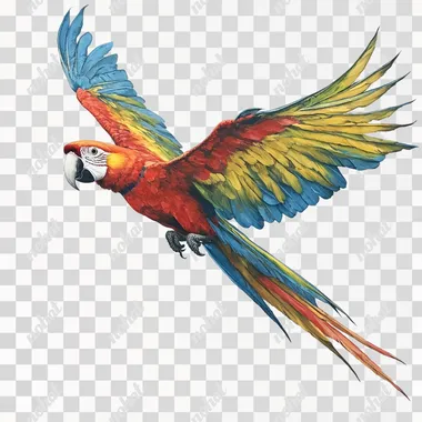 an image of a macaw parrot flying towards the camer with wings spread the subjcton the left white background