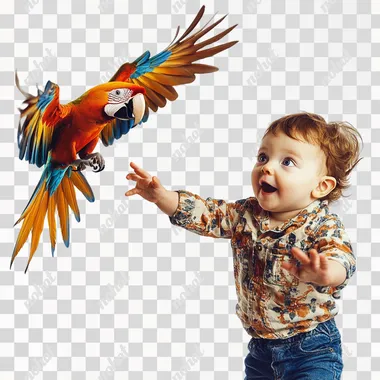 an image of a macaw parrot flying towards the camer with wings spread the subjcton the left white background