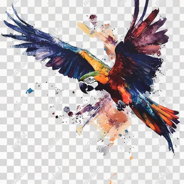 an image of a macaw parrot flying towards the camer with wings spread the subjcton the left white background
