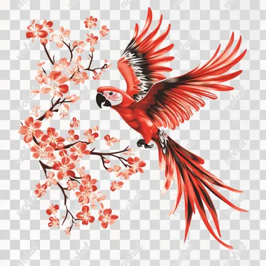an image of a macaw parrot flying towards the camer with wings spread the subjcton the left white background