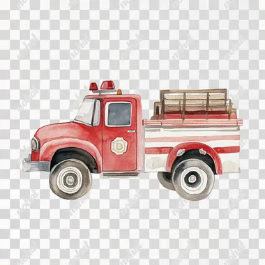 minimalistic watercolor of cute little red white New York fire truck, childrens book illustration, soft natural earth tones, full view, muted colors, nursery, on white background