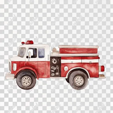 minimalistic watercolor of cute little red white New York fire truck, childrens book illustration, soft natural earth tones, full view, muted colors, nursery, on white background