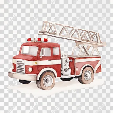minimalistic watercolor of cute little red white New York fire truck, childrens book illustration, soft natural earth tones, full view, muted colors, nursery, on white background