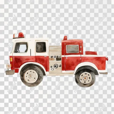 minimalistic watercolor of cute little red white New York fire truck, childrens book illustration, soft natural earth tones, full view, muted colors, nursery, on white background