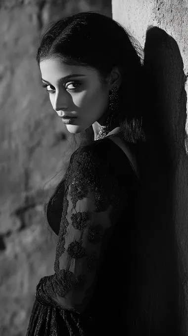 A black and white photograph of shadow aishwarya-rai::10 on the wall, with butterfly wings on her backs. she is dancing in front of transparent butterfly shadow. The scene is captured from an angle where you can only see part of her face. She has short hair and wears a dress that covers most of it. Her hands are raised above her head as she dances. It's nighttime, and she appears very happy. In the style of Yousuf Karsh.