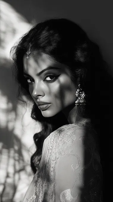 A black and white photograph of shadow aishwarya-rai::10 on the wall, with butterfly wings on her backs. she is dancing in front of transparent butterfly shadow. The scene is captured from an angle where you can only see part of her face. She has short hair and wears a dress that covers most of it. Her hands are raised above her head as she dances. It's nighttime, and she appears very happy. In the style of Yousuf Karsh.