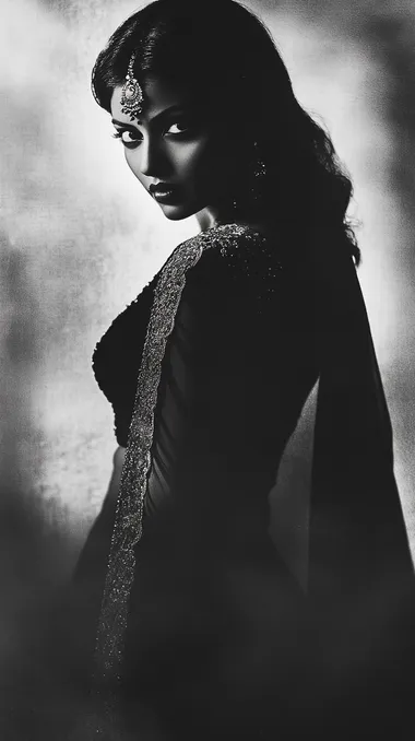A black and white photograph of shadow aishwarya-rai::10 on the wall, with butterfly wings on her backs. she is dancing in front of transparent butterfly shadow. The scene is captured from an angle where you can only see part of her face. She has short hair and wears a dress that covers most of it. Her hands are raised above her head as she dances. It's nighttime, and she appears very happy. In the style of Yousuf Karsh.