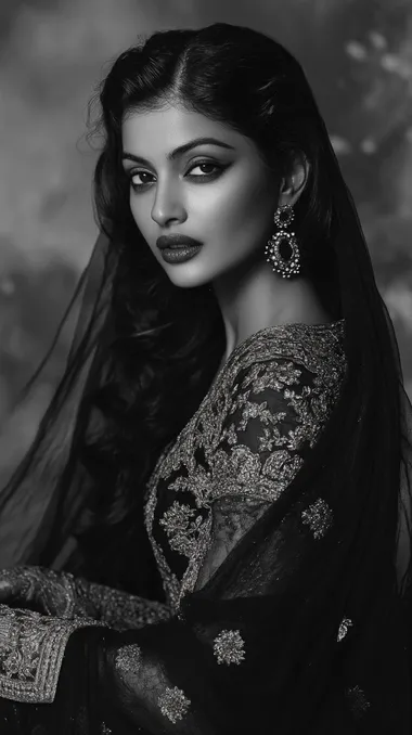 A black and white photograph of shadow aishwarya-rai::10 on the wall, with butterfly wings on her backs. she is dancing in front of transparent butterfly shadow. The scene is captured from an angle where you can only see part of her face. She has short hair and wears a dress that covers most of it. Her hands are raised above her head as she dances. It's nighttime, and she appears very happy. In the style of Yousuf Karsh.