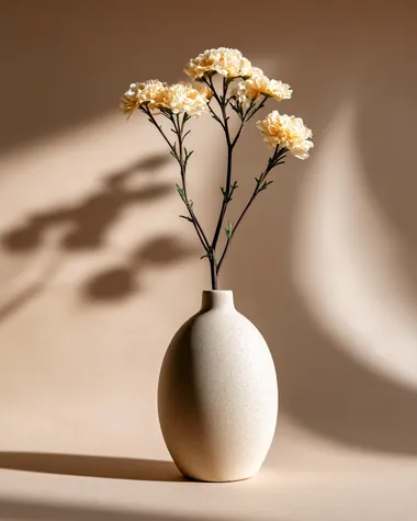 a matte ceramic sculptural vase with a single minimalist flower stem, centered on a soft beige background, elegant soft lighting, long delicate shadow, large negative space, hyperminimalist aesthetic   ipg22no