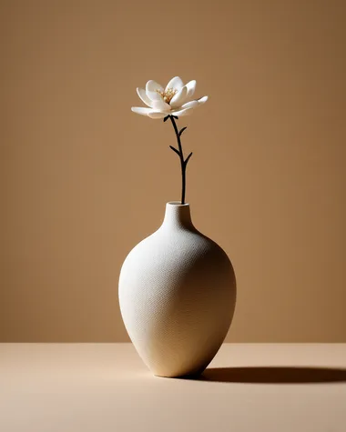 a matte ceramic sculptural vase with a single minimalist flower stem, centered on a soft beige background, elegant soft lighting, long delicate shadow, large negative space, hyperminimalist aesthetic   ipg22no