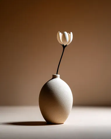 a matte ceramic sculptural vase with a single minimalist flower stem, centered on a soft beige background, elegant soft lighting, long delicate shadow, large negative space, hyperminimalist aesthetic   ipg22no