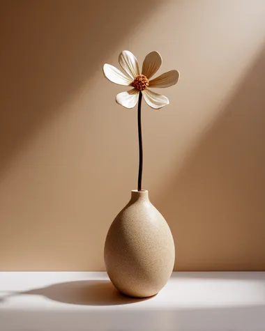 a matte ceramic sculptural vase with a single minimalist flower stem, centered on a soft beige background, elegant soft lighting, long delicate shadow, large negative space, hyperminimalist aesthetic   ipg22no
