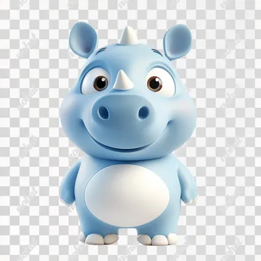 Smart manufacturing industry's 3D cute rhino mascot, a cute cartoon rhino, vibrant soft blue body and contrasting white belly, large round eyes and innocent expression, subtle smiling mouth, small ears on the head, weakening the nose, simple style, clean lines, pure white as the background of the center composition, children's book illustration aesthetics, 3D cartoon rendering, c4d, super Detail, soft lighting, hyperfine rendering, ArtStation hit, Pixar-style character design, equiaxial perspective, 8k quality