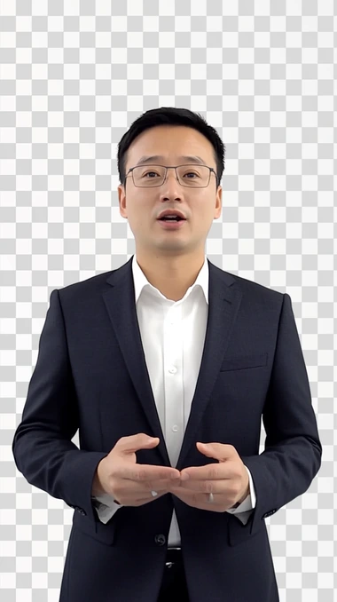 A professional Chinese male journalist in his thirties, tall and black-haired, dressed in business attire. In the half-length shot, he has his hands at his sides and speaks to the camera, as if he is interviewing or presenting material on the Douyin video platform. The background is a white backdrop. His expression conveys a confident and approachable style that is well suited to the live broadcast environment. High quality, HD,