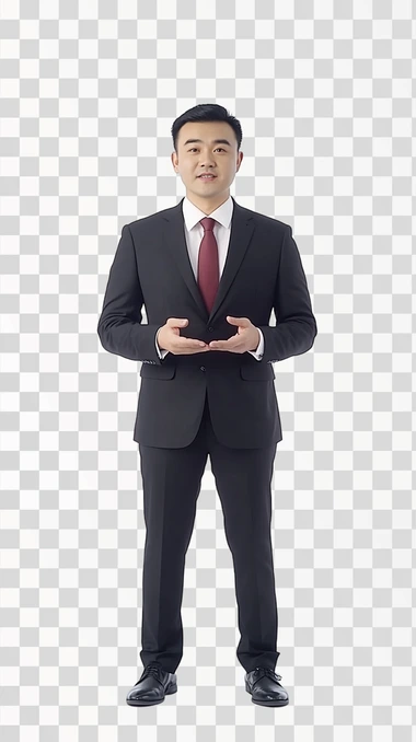 A professional Chinese male journalist in his thirties, tall and black-haired, dressed in business attire. In the half-length shot, he has his hands at his sides and speaks to the camera, as if he is interviewing or presenting material on the Douyin video platform. The background is a white backdrop. His expression conveys a confident and approachable style that is well suited to the live broadcast environment. High quality, HD,