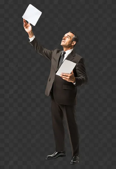 full shot of a middle-aged busy stock exchange broker from the 50s, wide suit and black shoes, waving a piece of paper, white empty background, Photography shot in the style of the 50s.