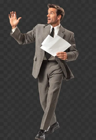 full shot of a middle-aged busy stock exchange broker from the 50s, wide suit and black shoes, waving a piece of paper, white empty background, Photography shot in the style of the 50s.