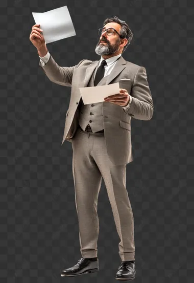 full shot of a middle-aged busy stock exchange broker from the 50s, wide suit and black shoes, waving a piece of paper, white empty background, Photography shot in the style of the 50s.