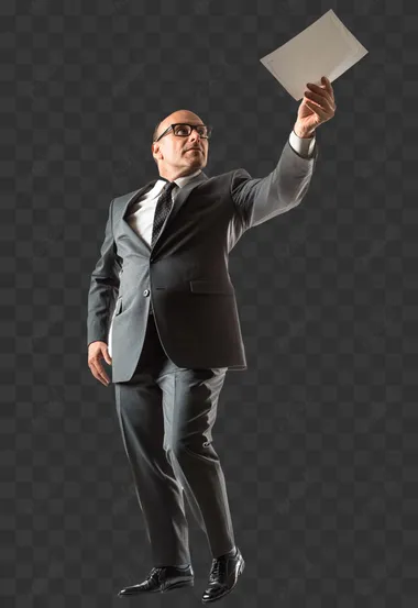 full shot of a middle-aged busy stock exchange broker from the 50s, wide suit and black shoes, waving a piece of paper, white empty background, Photography shot in the style of the 50s.