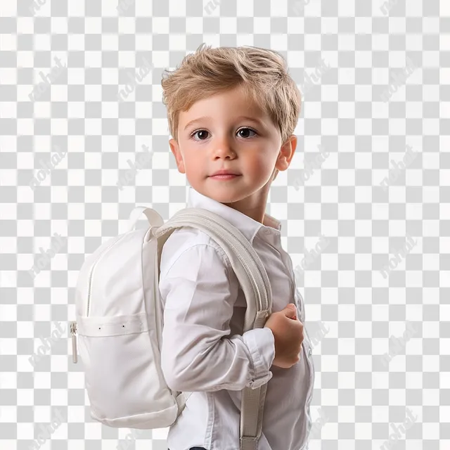 Confident 4-Year-Old Boy in White with Backpack