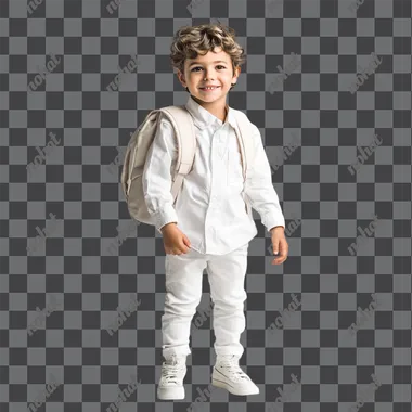 4 year old boy with backpack on white background, boy wearing white clothes. Business picture