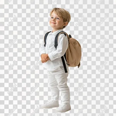 4 year old boy with backpack on white background, boy wearing white clothes. Business picture