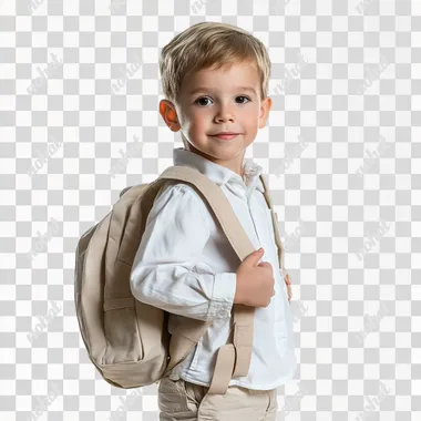 4 year old boy with backpack on white background, boy wearing white clothes. Business picture