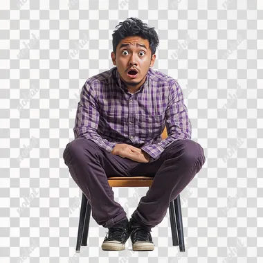 malay guy, sitting in the chair, full body, purple casual attire, with simple shock face, white isolated background --s 250