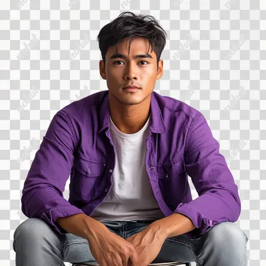 malay guy, sitting in the chair, full body, purple casual attire, with simple shock face, white isolated background --s 250