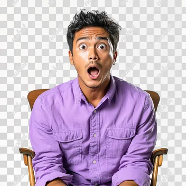 malay guy, sitting in the chair, full body, purple casual attire, with simple shock face, white isolated background --s 250