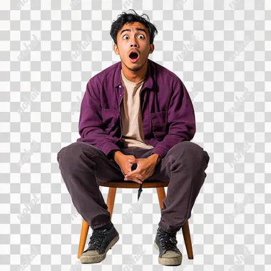 malay guy, sitting in the chair, full body, purple casual attire, with simple shock face, white isolated background --s 250