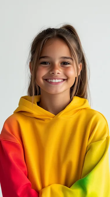 Photorealistic, A confident girl with a radiant smile, dressed in vibrant colors, portrait photography, professional photography, plain white background for a clean and modern look, high detail, frontal composition