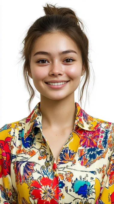 Photorealistic, A confident girl with a radiant smile, dressed in vibrant colors, portrait photography, professional photography, plain white background for a clean and modern look, high detail, frontal composition