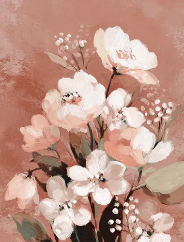 A painting of flowers in the style of Matisse, with light, pale pink and white colors. The painting has a moody, minimalistic, and monochromatic feel, with a subtle tonal range, soft edges, and atmospheric effects. The minimalist background allows the hand-painted details to stand out, with white brushstrokes on a light maroon background. The broad, bold strokes and large canvas size create a flat, vintage, and simple illustration.