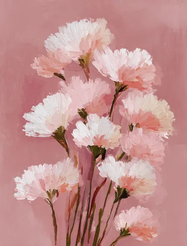 A painting of flowers in the style of Matisse, with light, pale pink and white colors. The painting has a moody, minimalistic, and monochromatic feel, with a subtle tonal range, soft edges, and atmospheric effects. The minimalist background allows the hand-painted details to stand out, with white brushstrokes on a light maroon background. The broad, bold strokes and large canvas size create a flat, vintage, and simple illustration.
