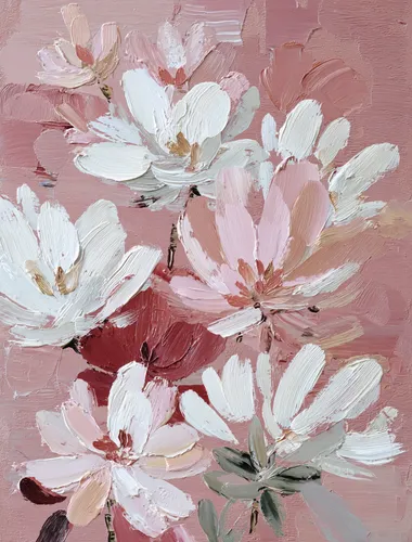 A painting of flowers in the style of Matisse, with light, pale pink and white colors. The painting has a moody, minimalistic, and monochromatic feel, with a subtle tonal range, soft edges, and atmospheric effects. The minimalist background allows the hand-painted details to stand out, with white brushstrokes on a light maroon background. The broad, bold strokes and large canvas size create a flat, vintage, and simple illustration.