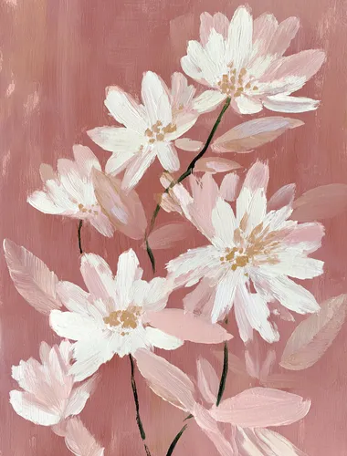 A painting of flowers in the style of Matisse, with light, pale pink and white colors. The painting has a moody, minimalistic, and monochromatic feel, with a subtle tonal range, soft edges, and atmospheric effects. The minimalist background allows the hand-painted details to stand out, with white brushstrokes on a light maroon background. The broad, bold strokes and large canvas size create a flat, vintage, and simple illustration.