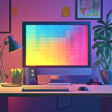 8 bit style, pixelate, old office style monitor on a desk of designer, vibrant colors