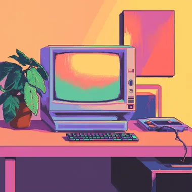 8 bit style, pixelate, old office style monitor on a desk of designer, vibrant colors