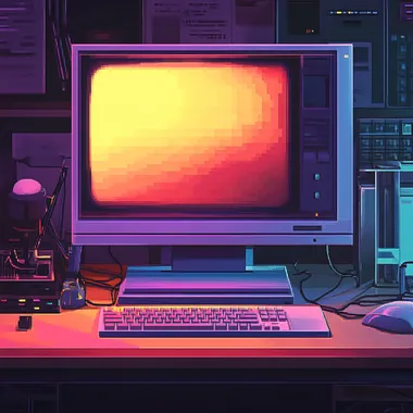 8 bit style, pixelate, old office style monitor on a desk of designer, vibrant colors